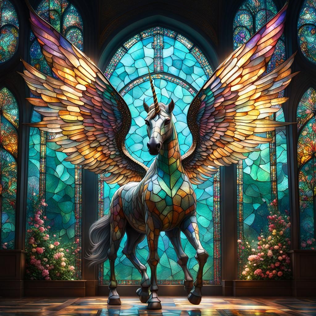 Tiffany Glass Unicorn with Wings: Digital Painting