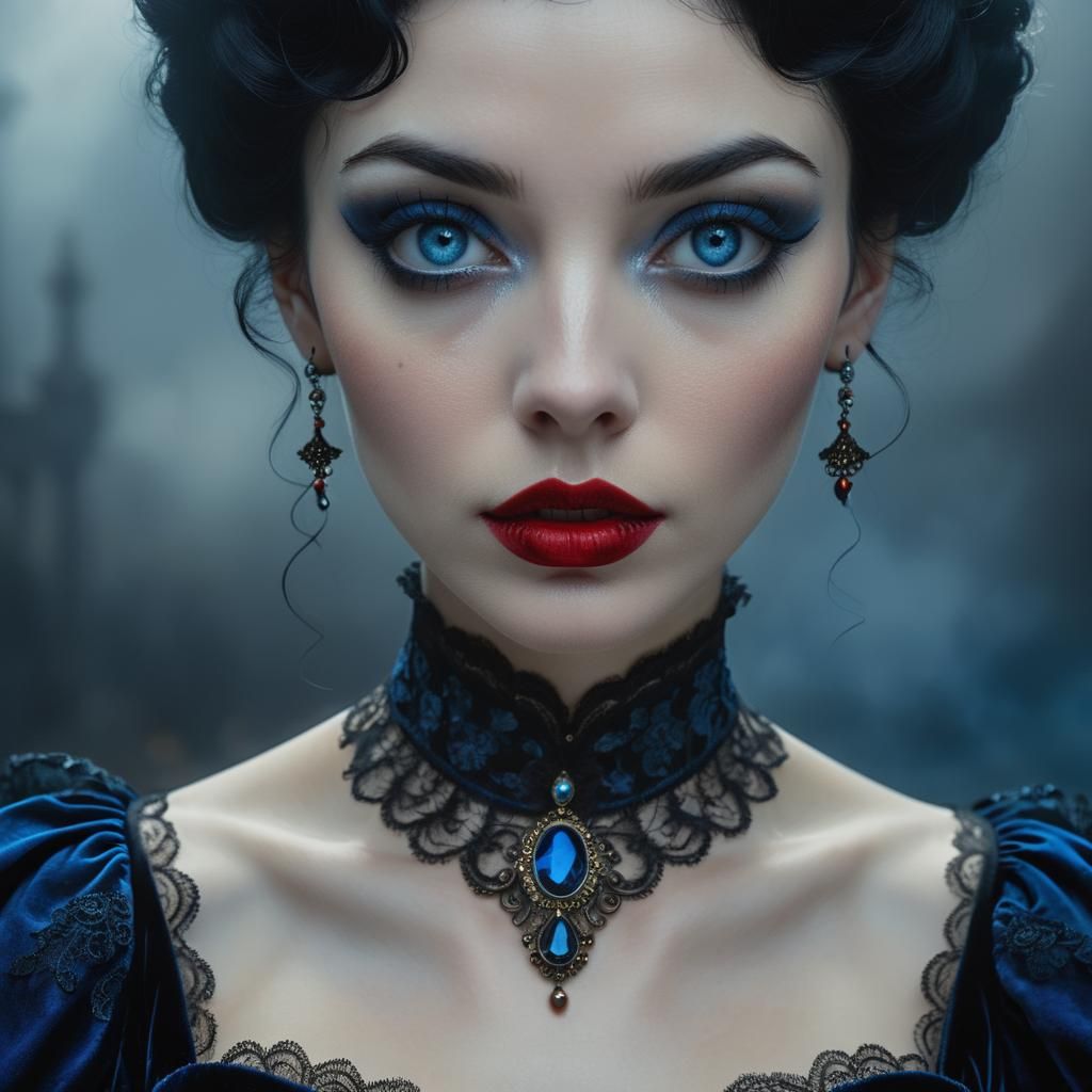 Eerie Surreal Portrait: Victorian Woman with Sapphire Eyes