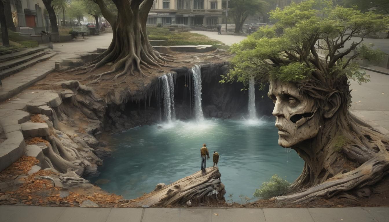 Surreal Tree-Headed Figure in Stormy Seascape