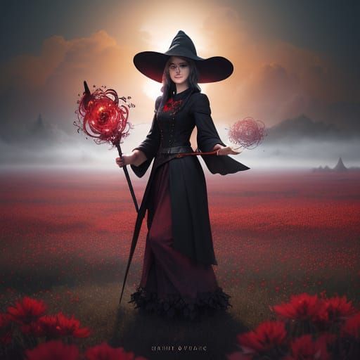 Cute Witch in Crimson Flowers, Enchanting Fantasy Matte Pain...