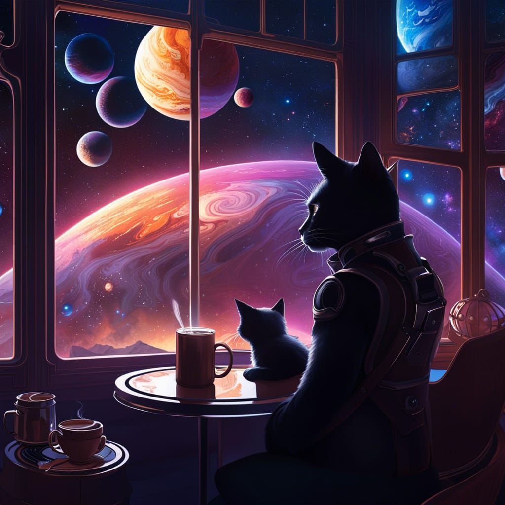 Futuristic Coffee Shop in Space with Cats