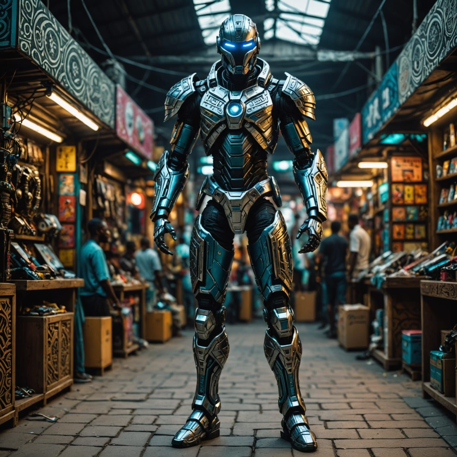 Cyberpunk Griot Action Figure in Lagos Tech Market