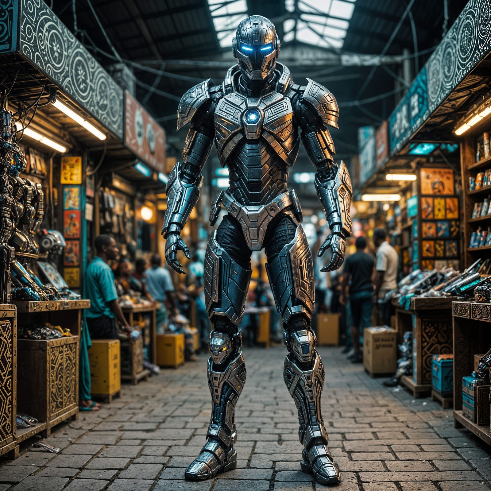 Cybernetic Griot Action Figure Box in Lagos Tech Market