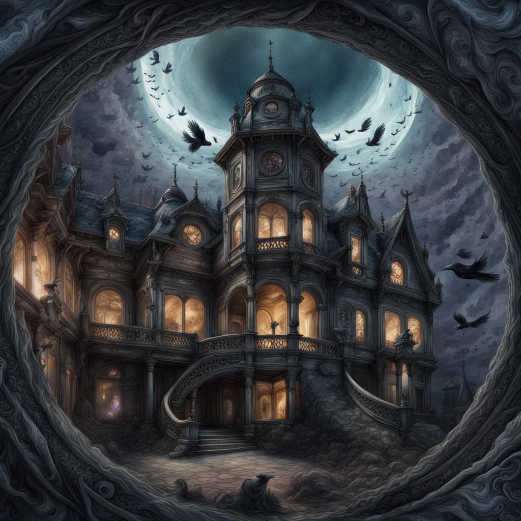 Eerie Space Mansion in Gothic Watercolor Style