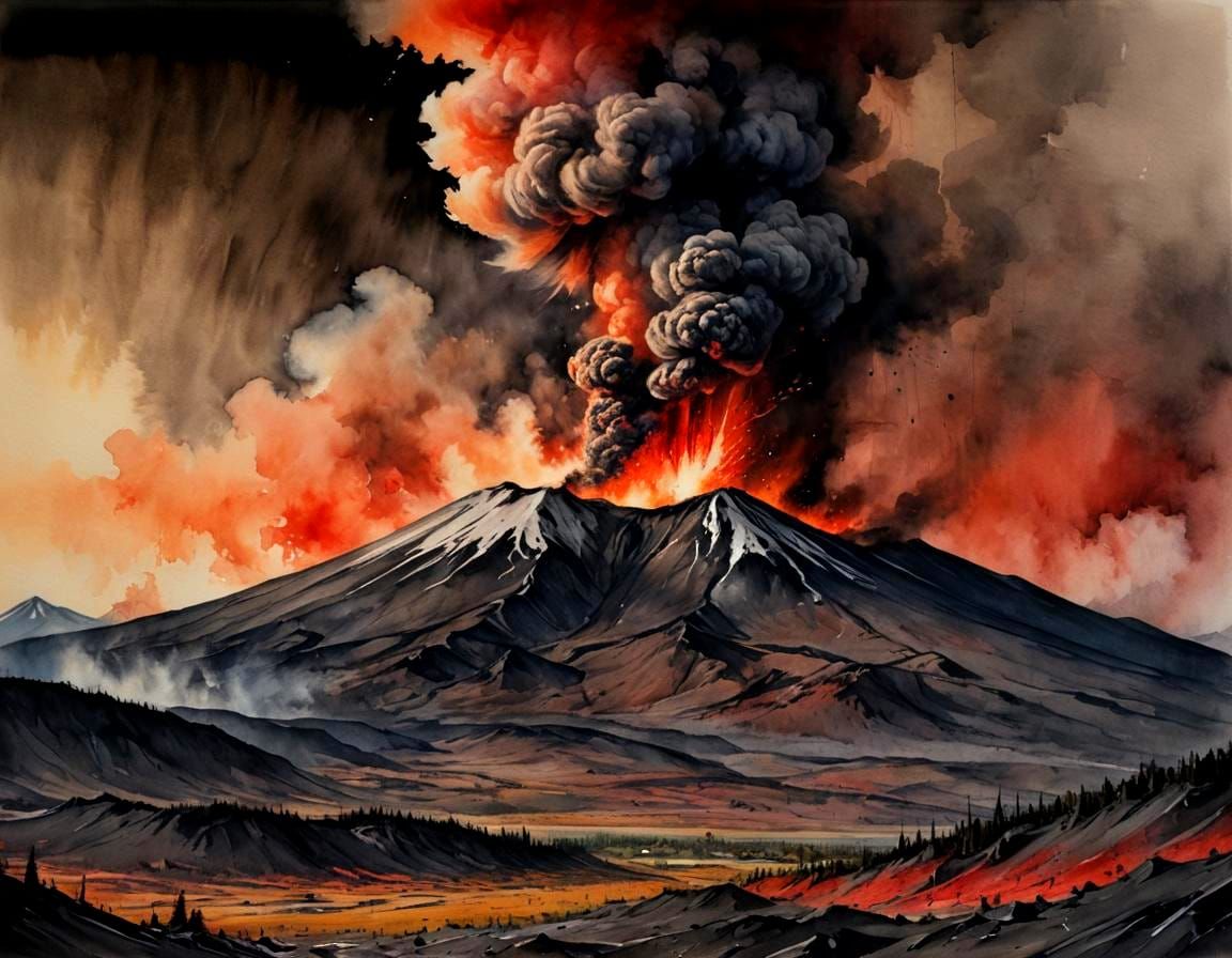 Mount St. Helens Eruption in Watercolor Impressionism