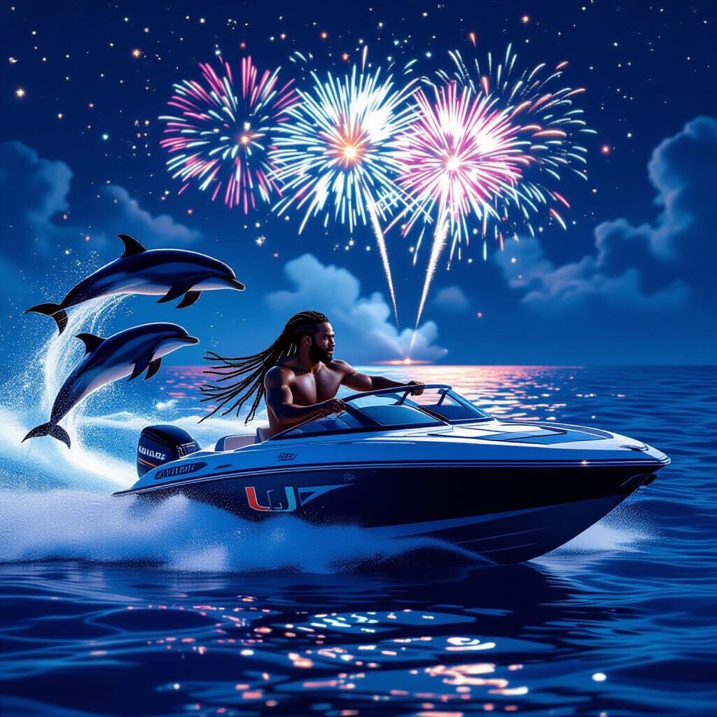 Man Driving Speedboat with Dolphins Under Florida Moonlight