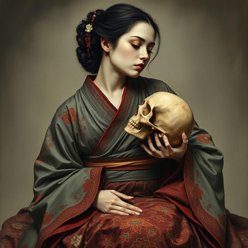 Woman with Skull: Dark Romanticism in Ukiyo-e Style