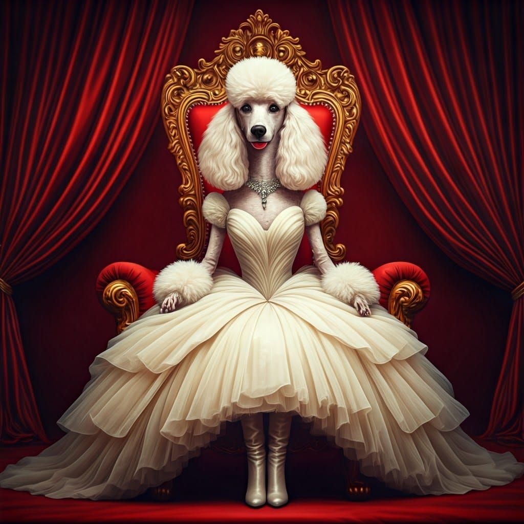Poodle in High Fashion Gown on Throne