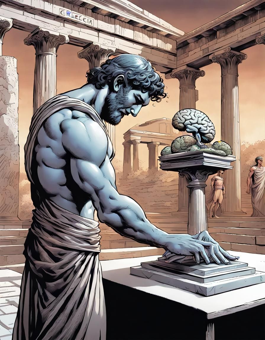 Ancient Greek Man with Brain Model in Comic Art