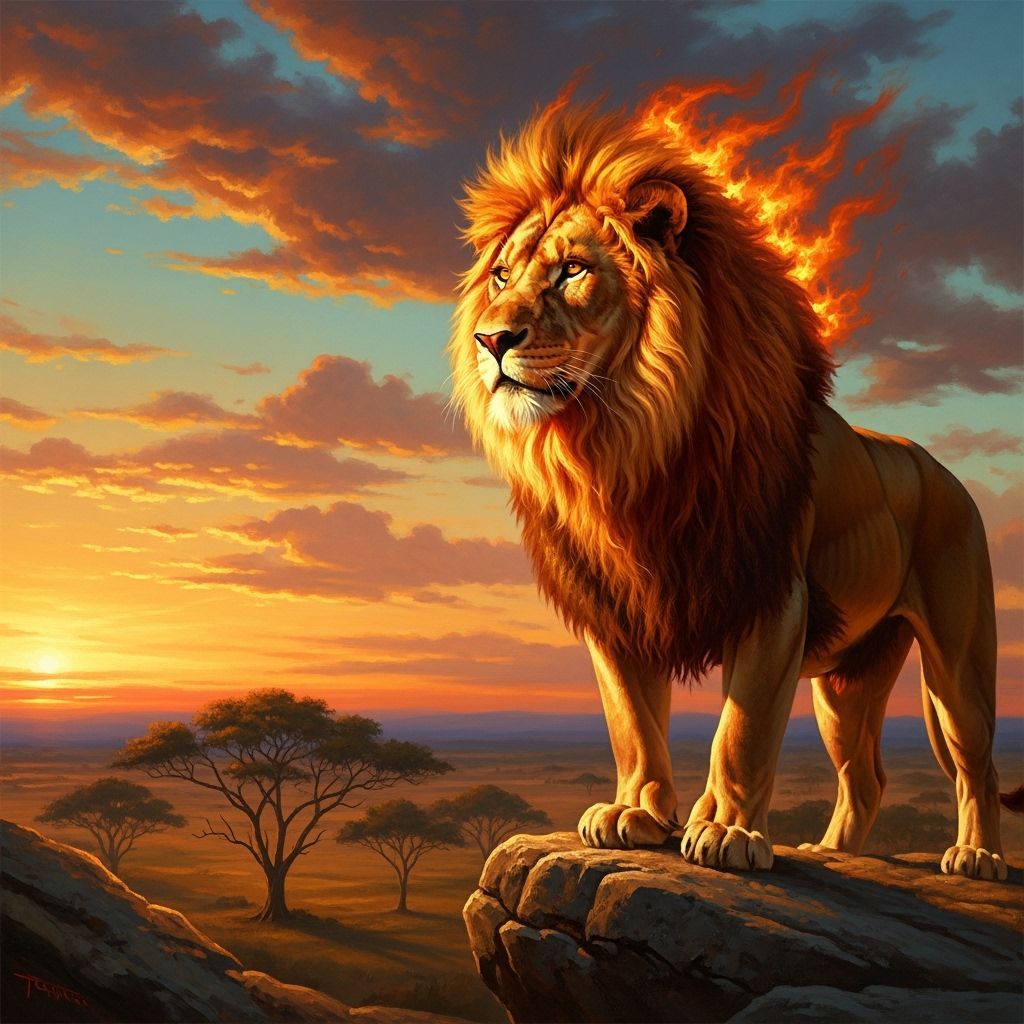 Fiery Lion Overlooking Savanna as Oil Painting
