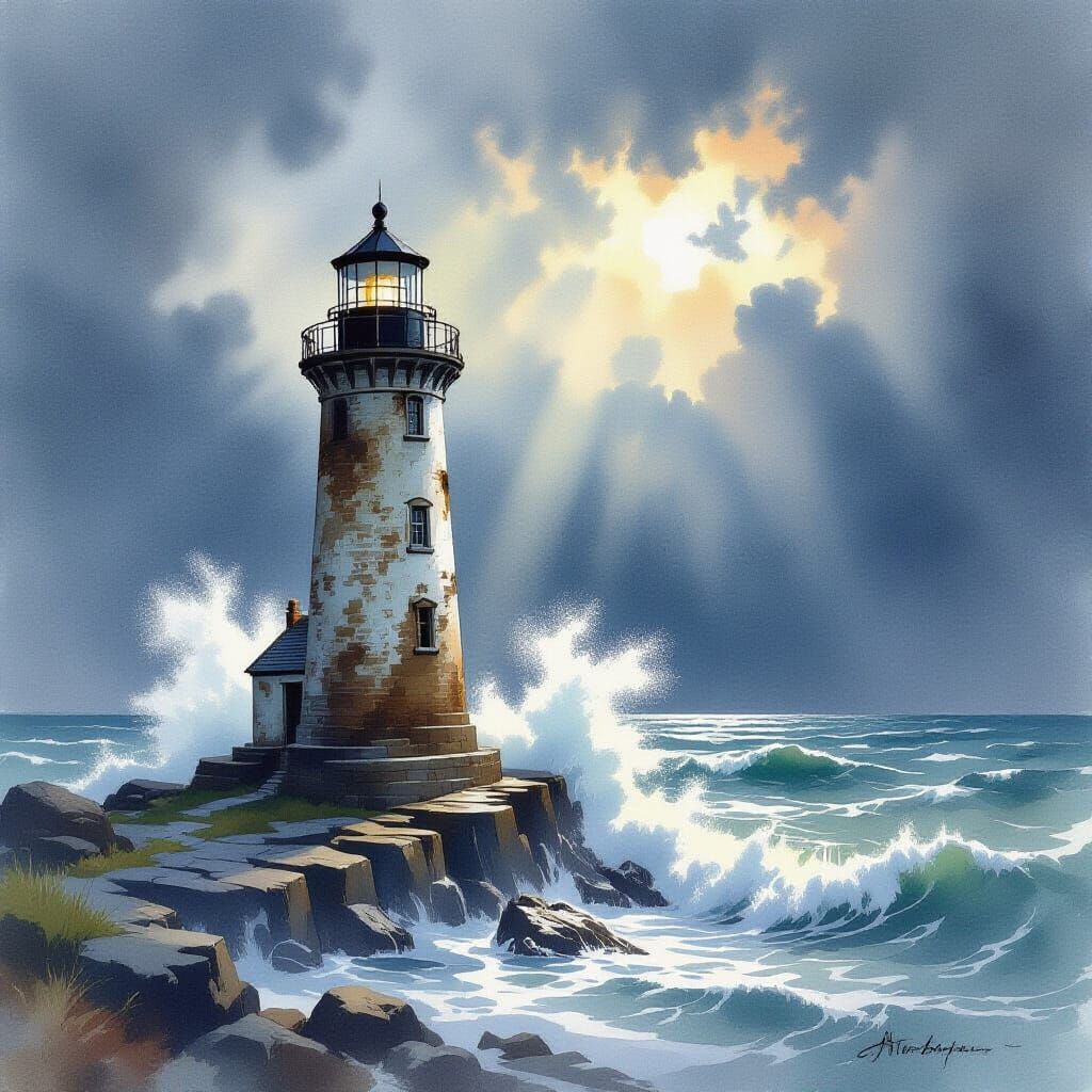 Dramatic Lighthouse Amidst Stormy Skies in Watercolor Style