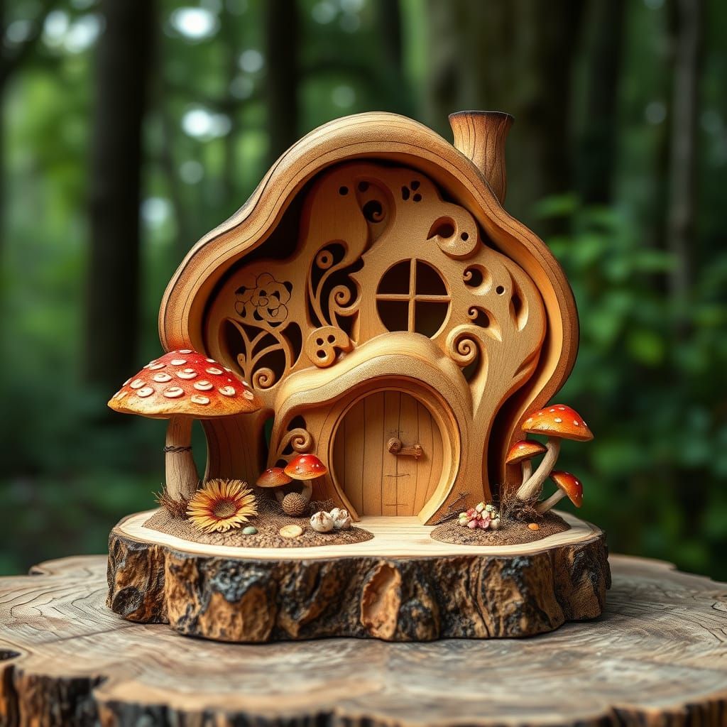 Wood sculpture of miniature mushroom house.