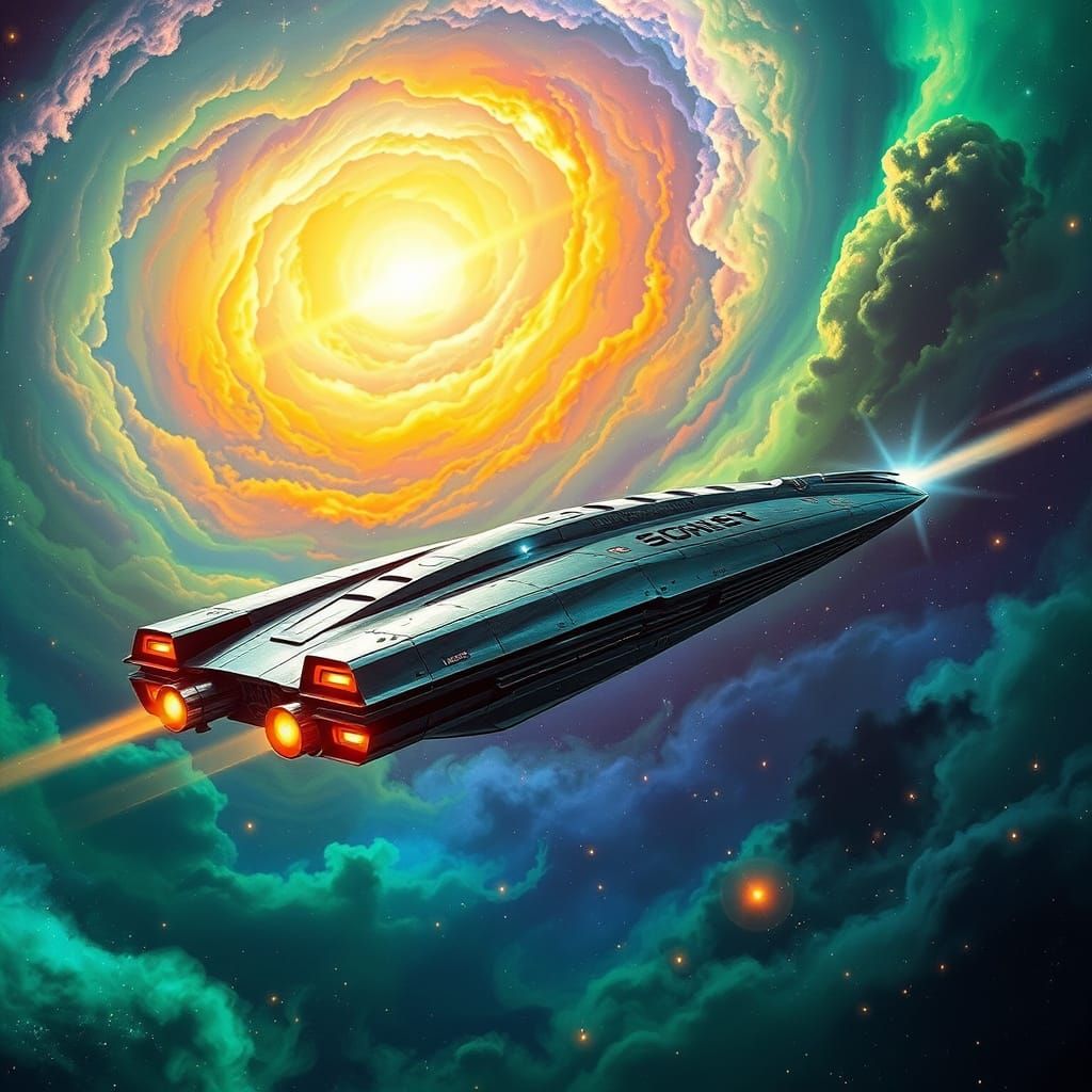 Sleek Chrome Spaceship Before Vibrant Nebula