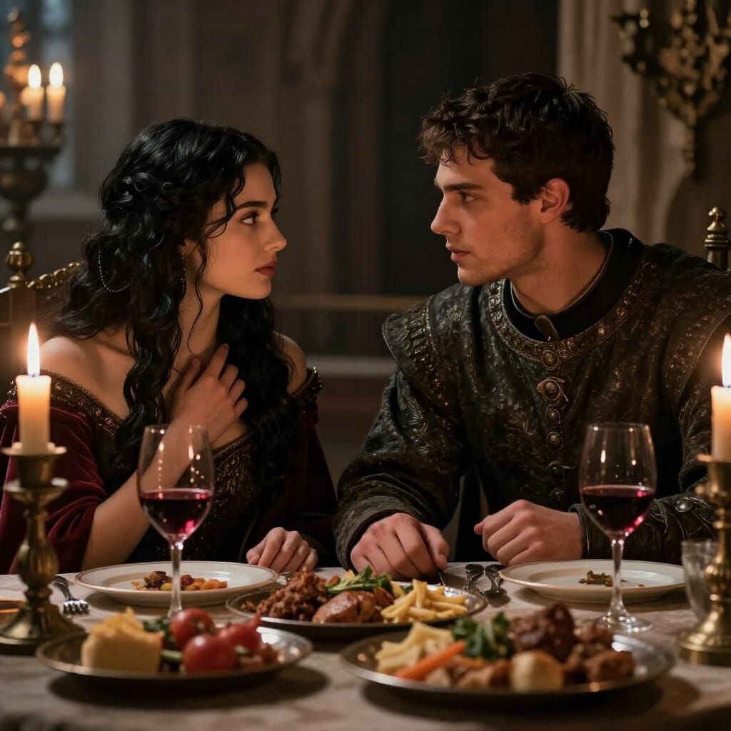 Medieval Feast: Eris and Rhys in Dramatic Candlelight