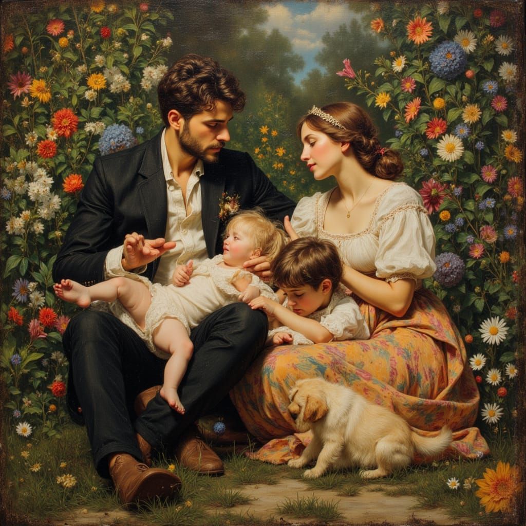Renaissance Family in Garden: Impasto Oil Painting