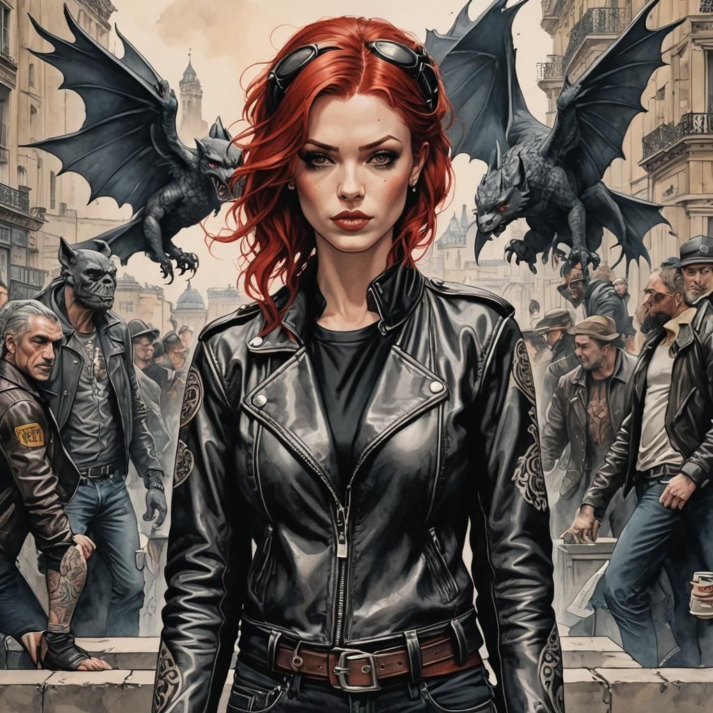 Badass Woman and Gargoyle in Paris, in Manara Style