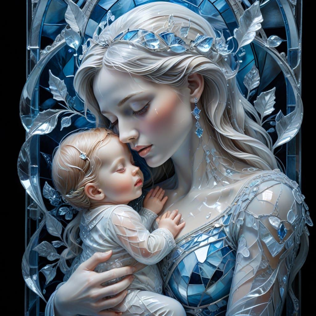 Mother of Ice Embraces Baby in Stained Glass Oil Painting
