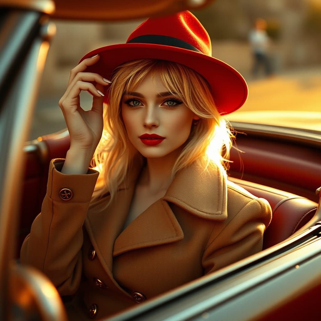 Elegant Woman in Red Fedora in Nostalgic Photo