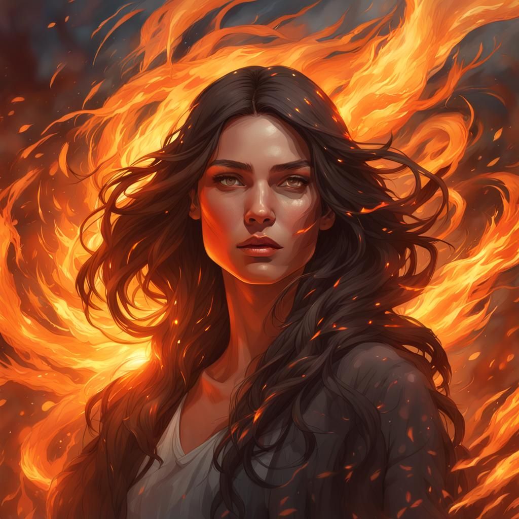 Brunette Woman Portrait with Fire in Hyperdetailed Style