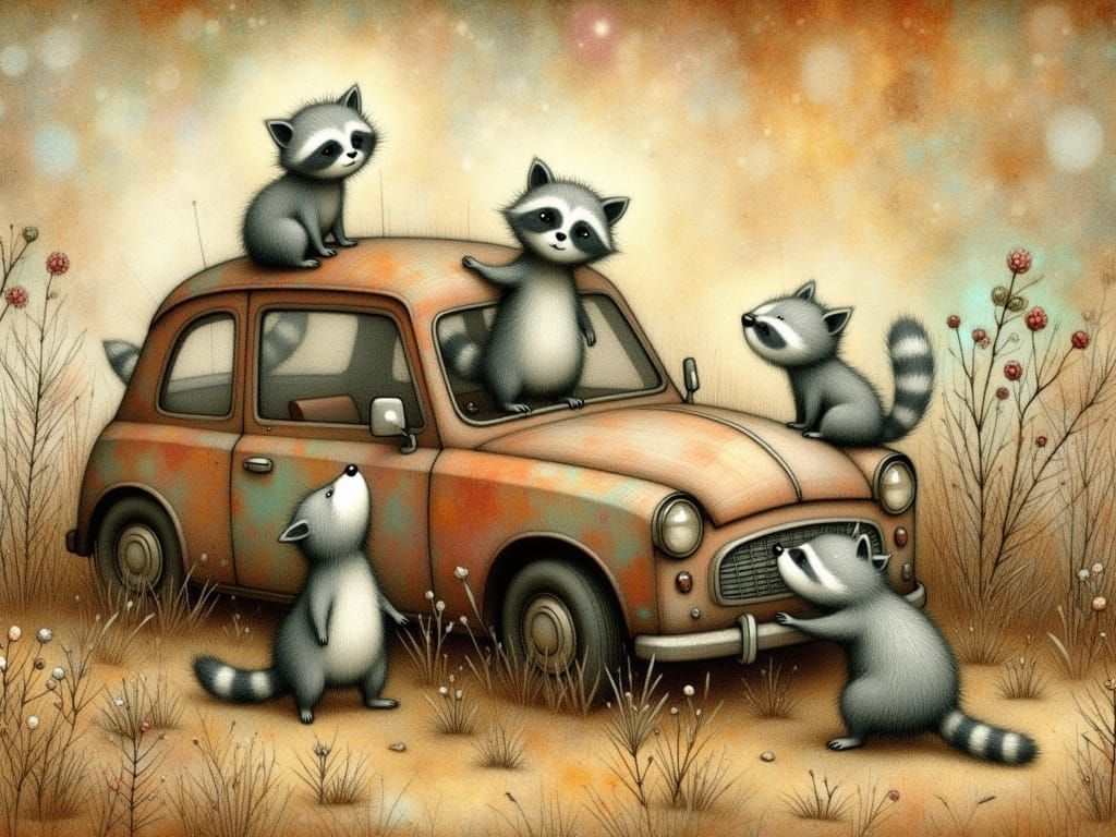 Whimsical Raccoons Play in a Rusty Old Car, in Charming Stor...