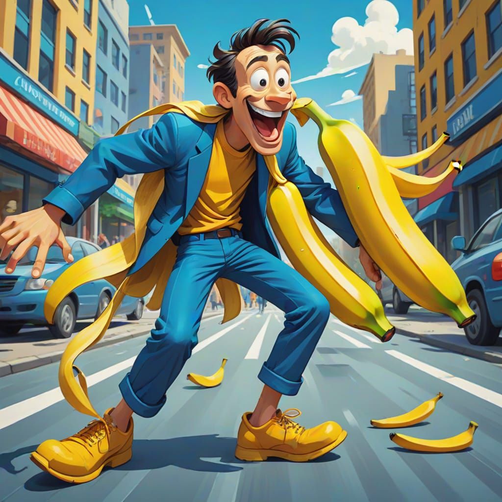 Goofy City Slip-Up in Exaggerated Cartoon Style