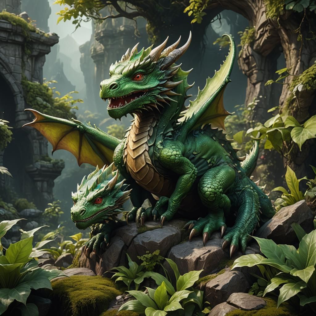 Fantastical Green Baby Dragon in Detailed Matte Painting