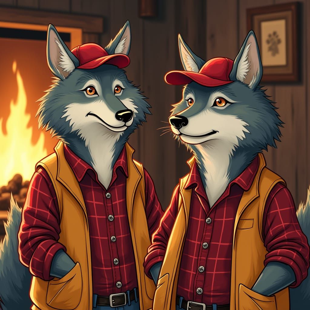 Anthropomorphic Wolves in Folk Art Style Tavern