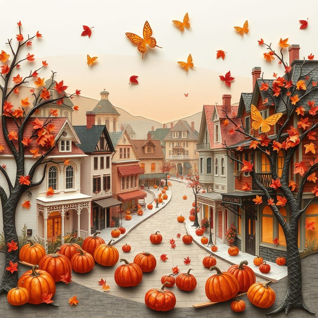 Victorian Town in Autumn as Paper Collage Art