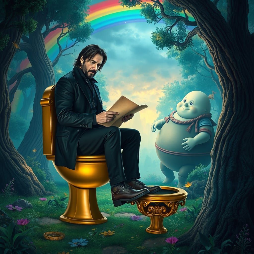 Keanu Reeves on Gold Toilet in Rainbow Forest
