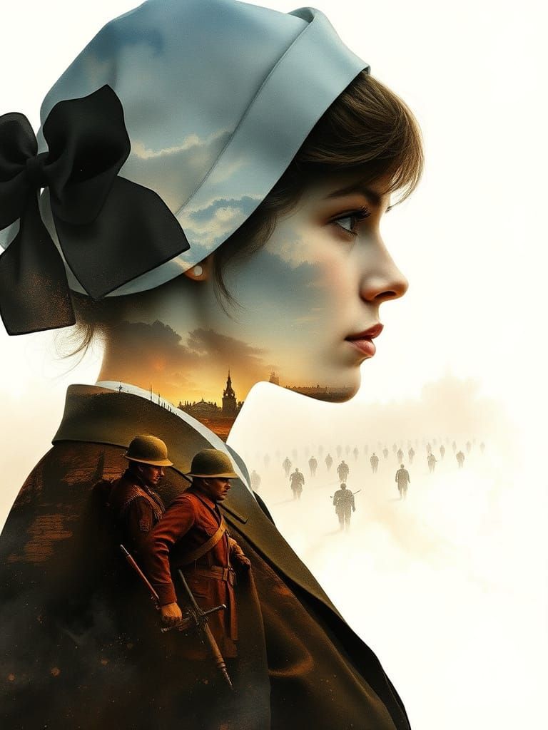 Nurse Silhouette with WWI Battlefield, Watercolor Art