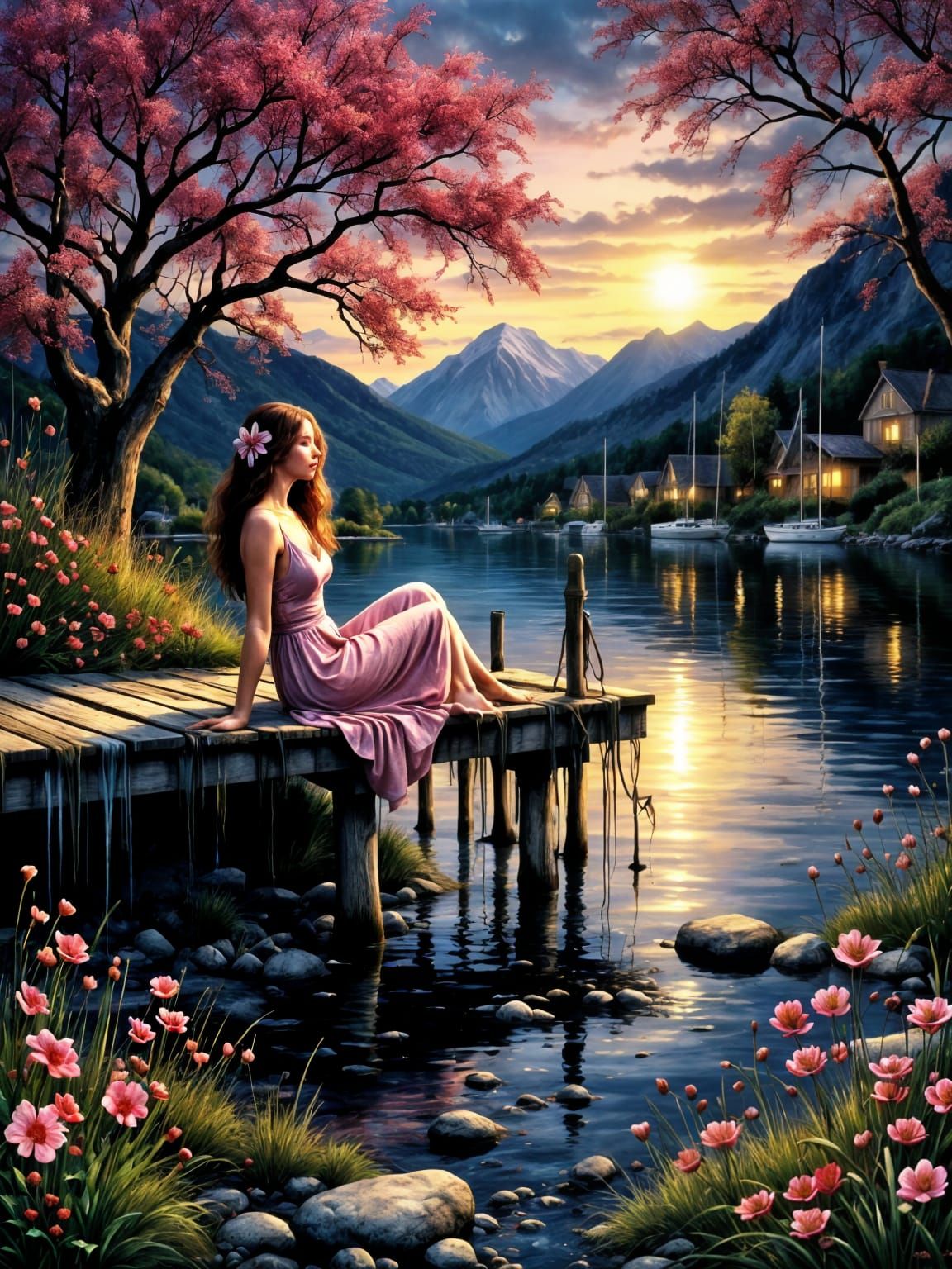 Watercolor and Oil Painting of Dockside Serenity