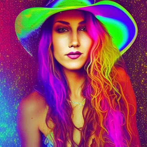Neon Cyberpunk Cowgirl Portrait with Swirling Hair