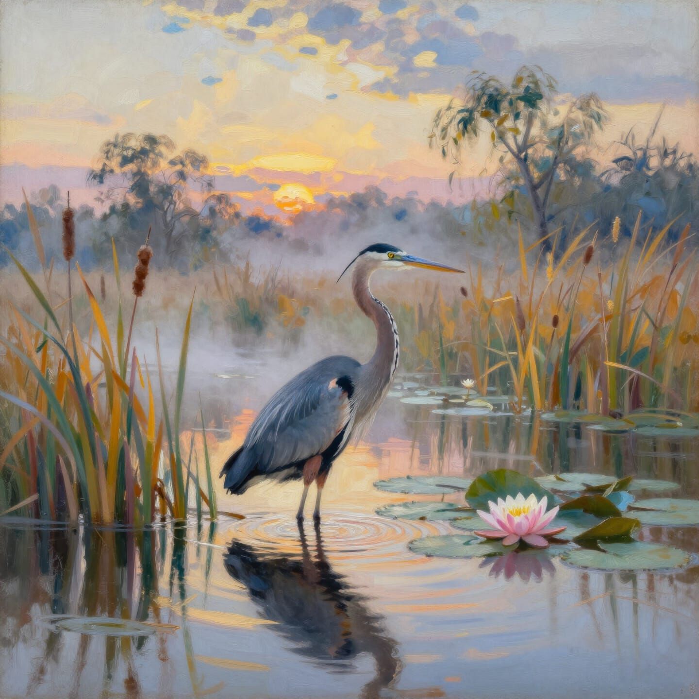 Impressionist Heron in Marsh at Dawn