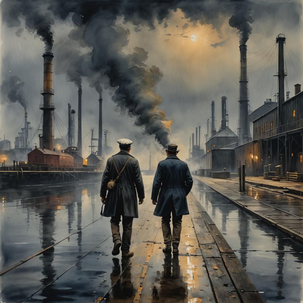 Drunk Sailor on Industrial Dock, Watercolor Style