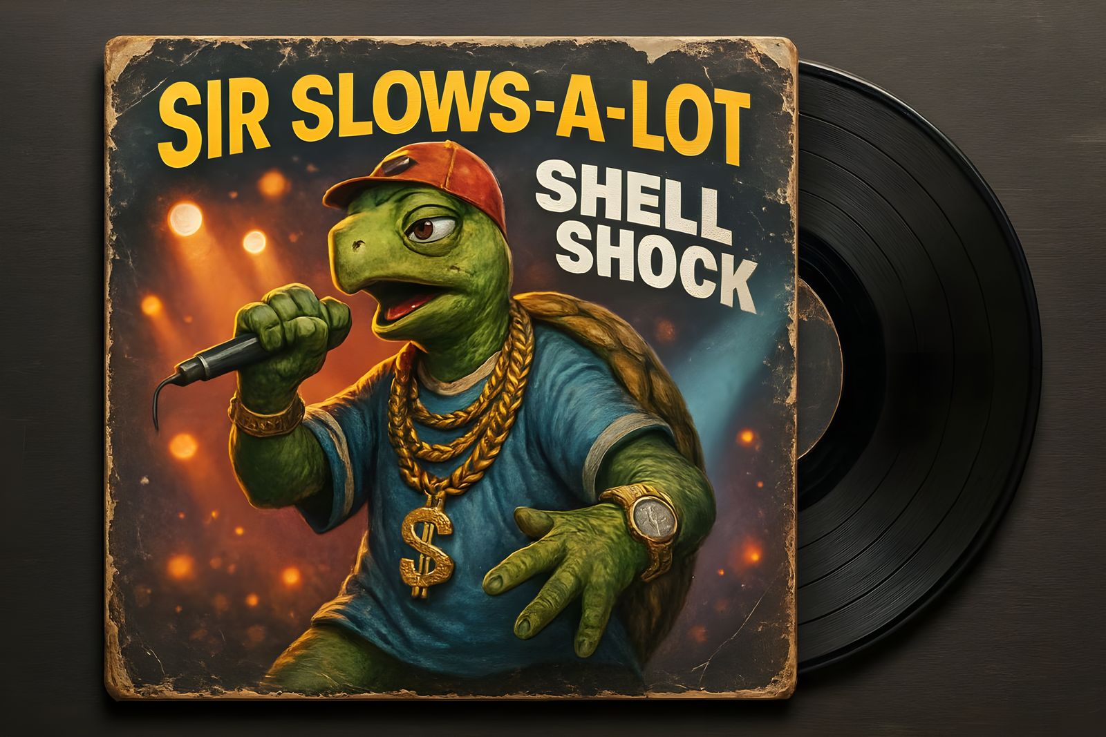 whimsical 3D masterpiece of a worn and damaged album cover w...