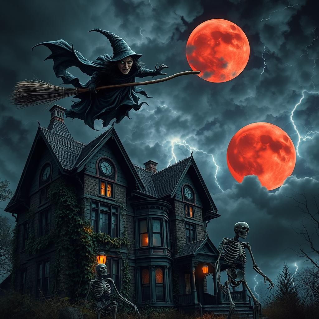 Eerie Victorian Witch Soaring Under Blood Moon