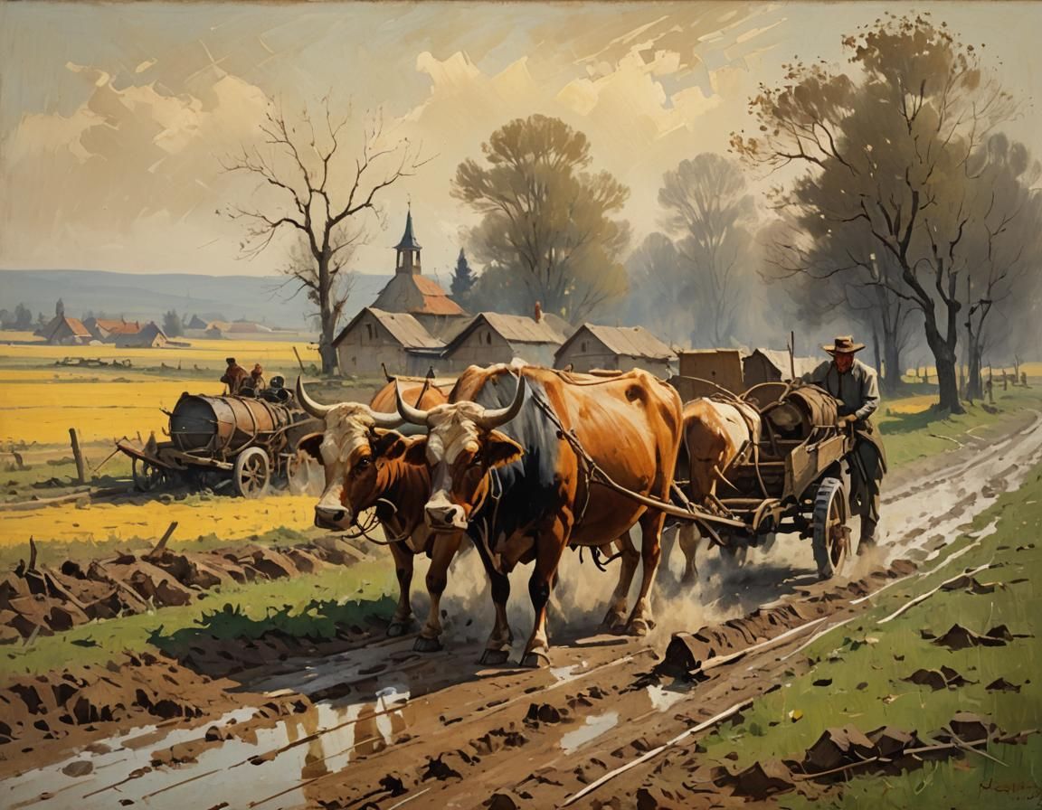 Oxen Plowing Field: A Pastoral Scene in 19th Century Style