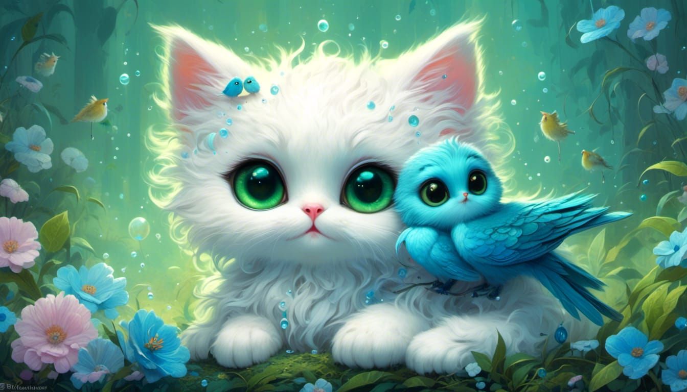 <lora:Ultra Cute:1.0> uper cute white chibi cat with green e...