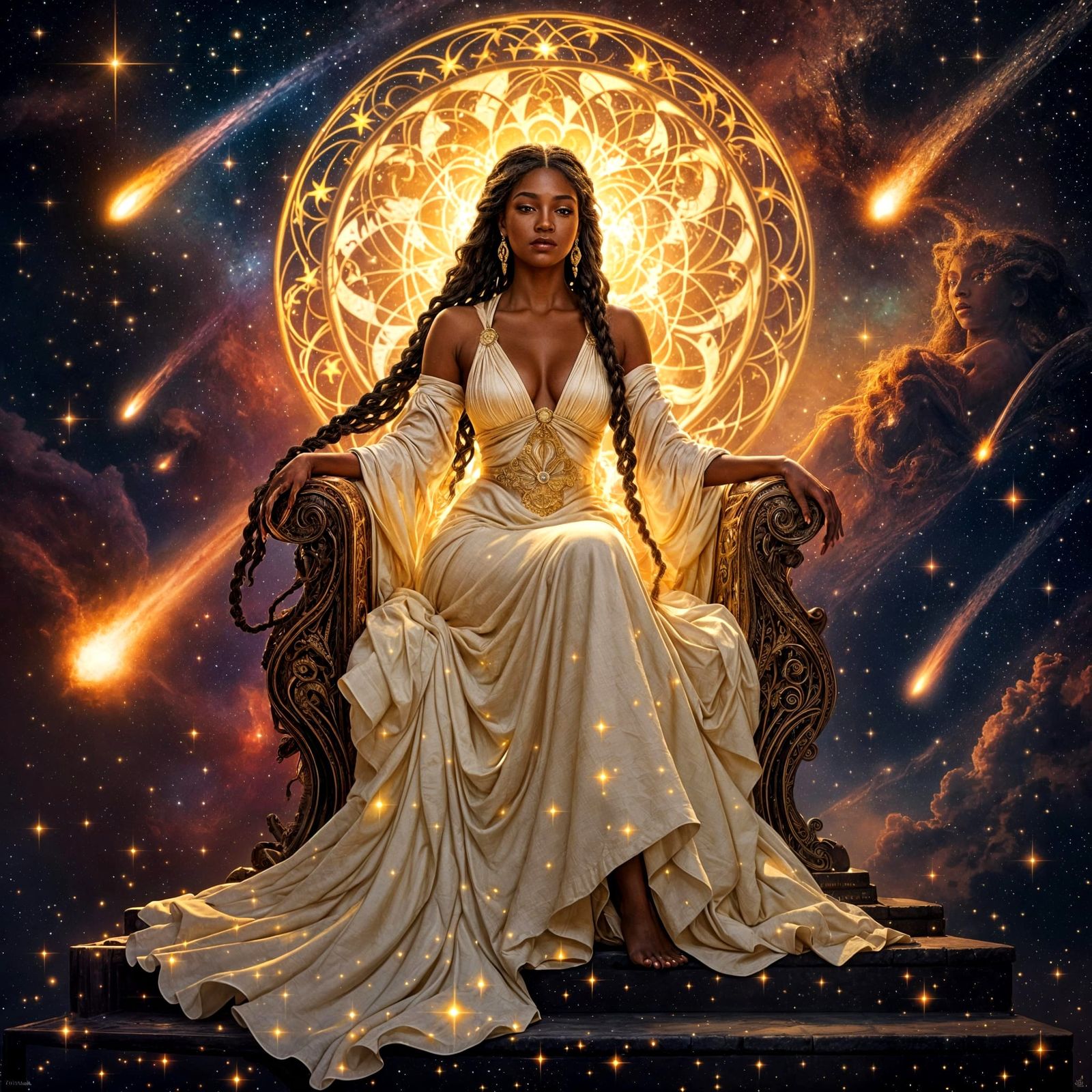 Ebony Goddess on Star Throne in Art Nouveau Style