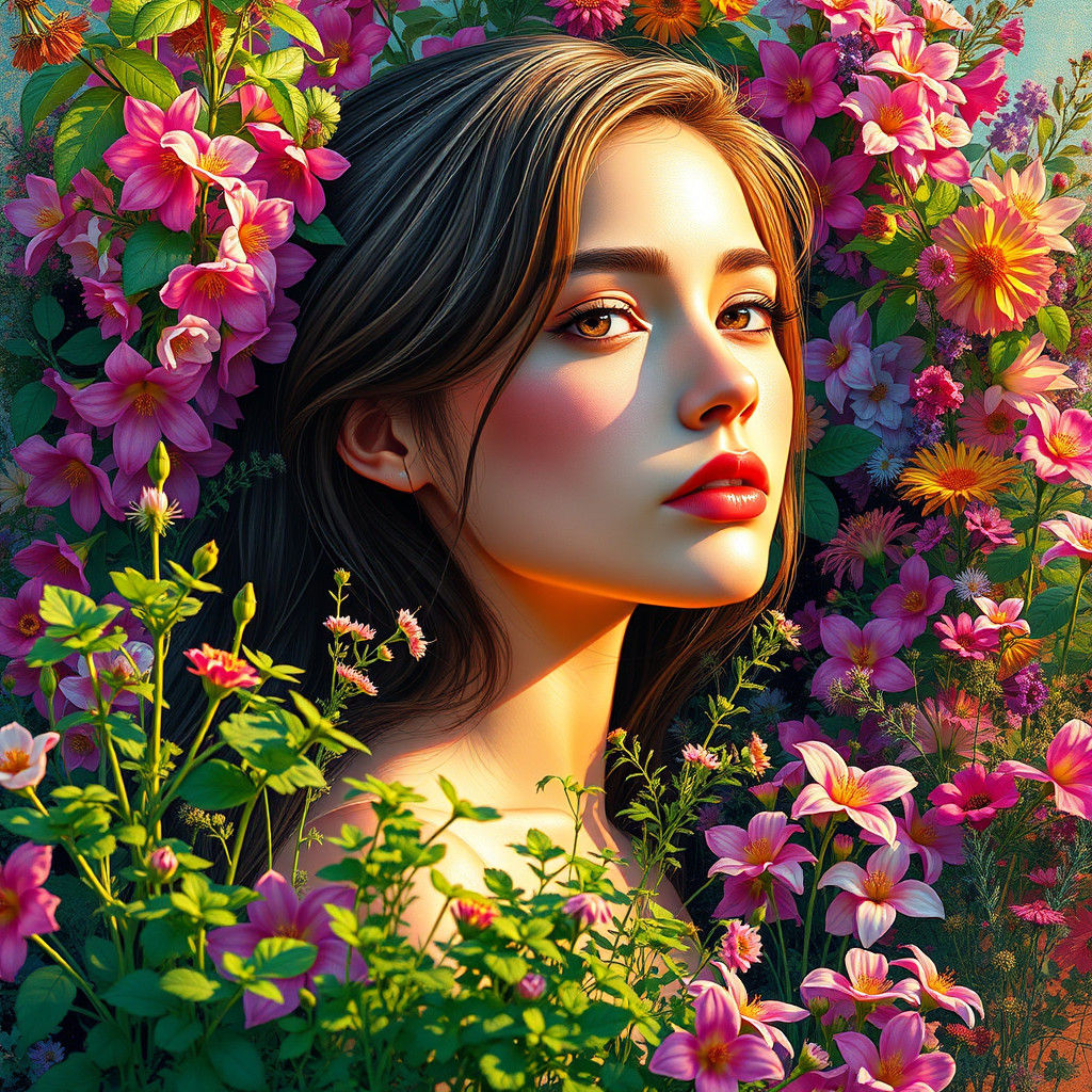 Woman Surrounded by Flowers in Hyperrealistic Style