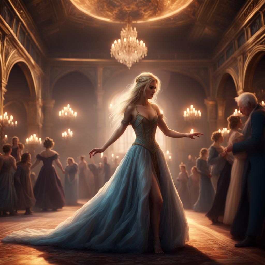 Dnd fantasy princess, blonde hair in a gown, dancing at a ball