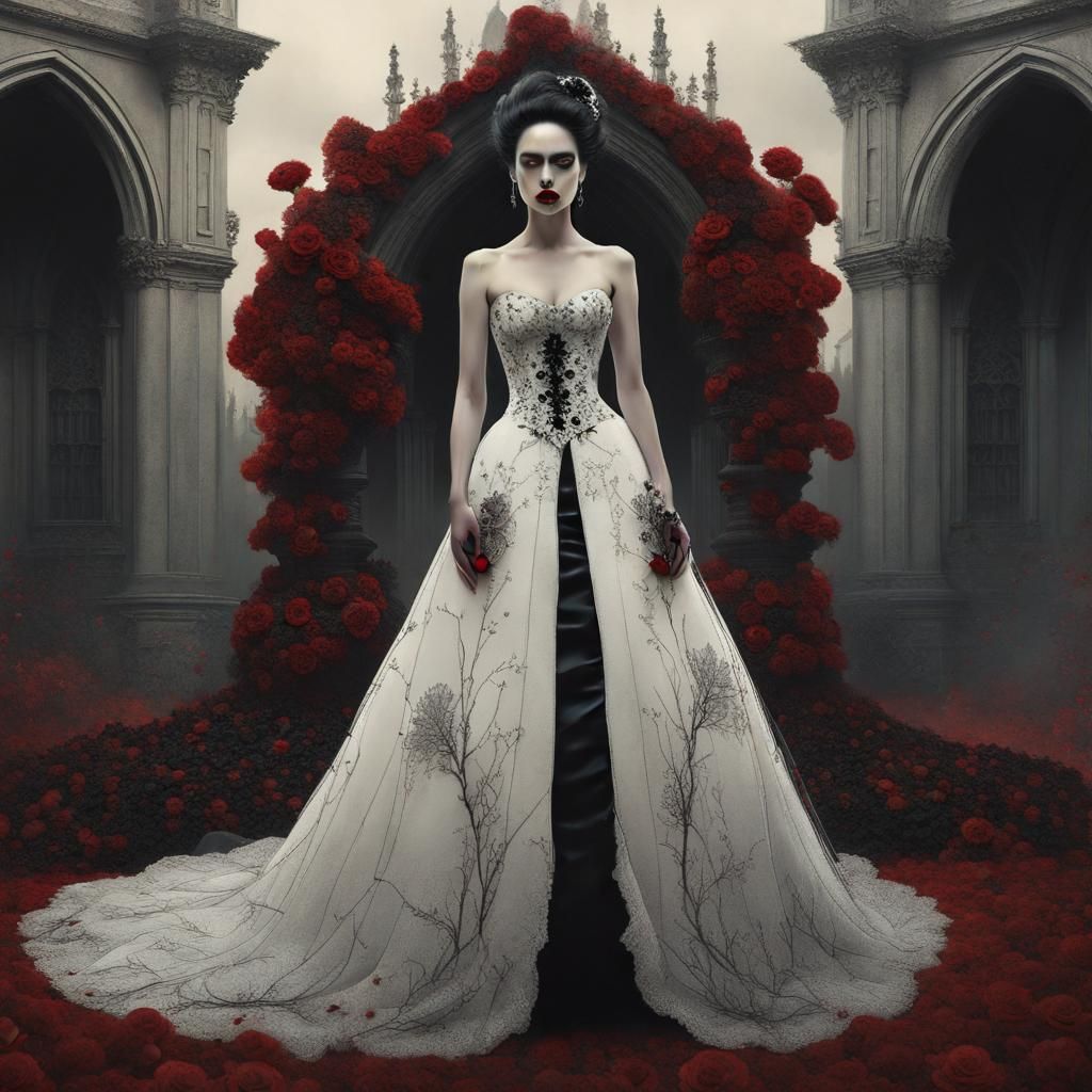 Gothic Bride in Black Floral Couture, Photorealistic Portrai...