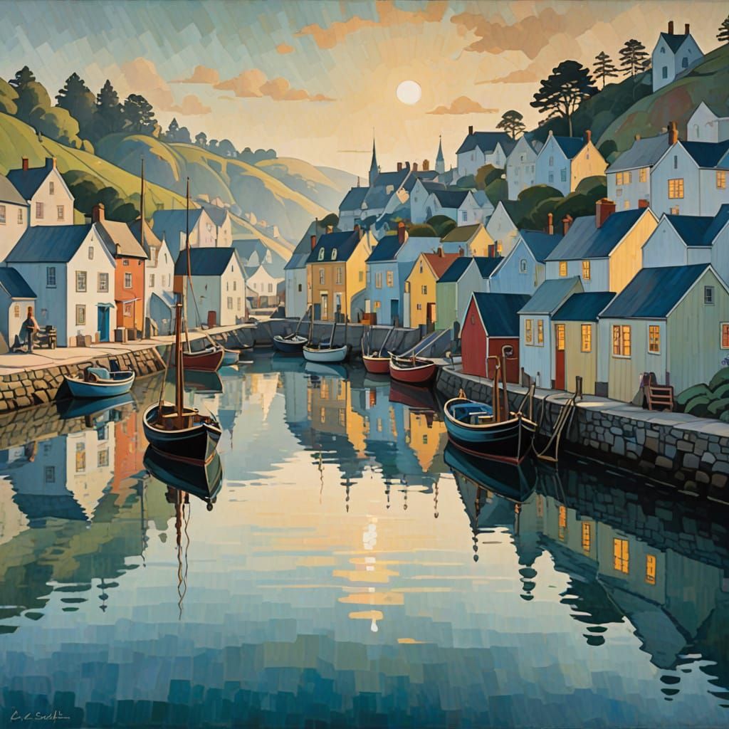 Surreal Harbour Scene in Art Deco Style