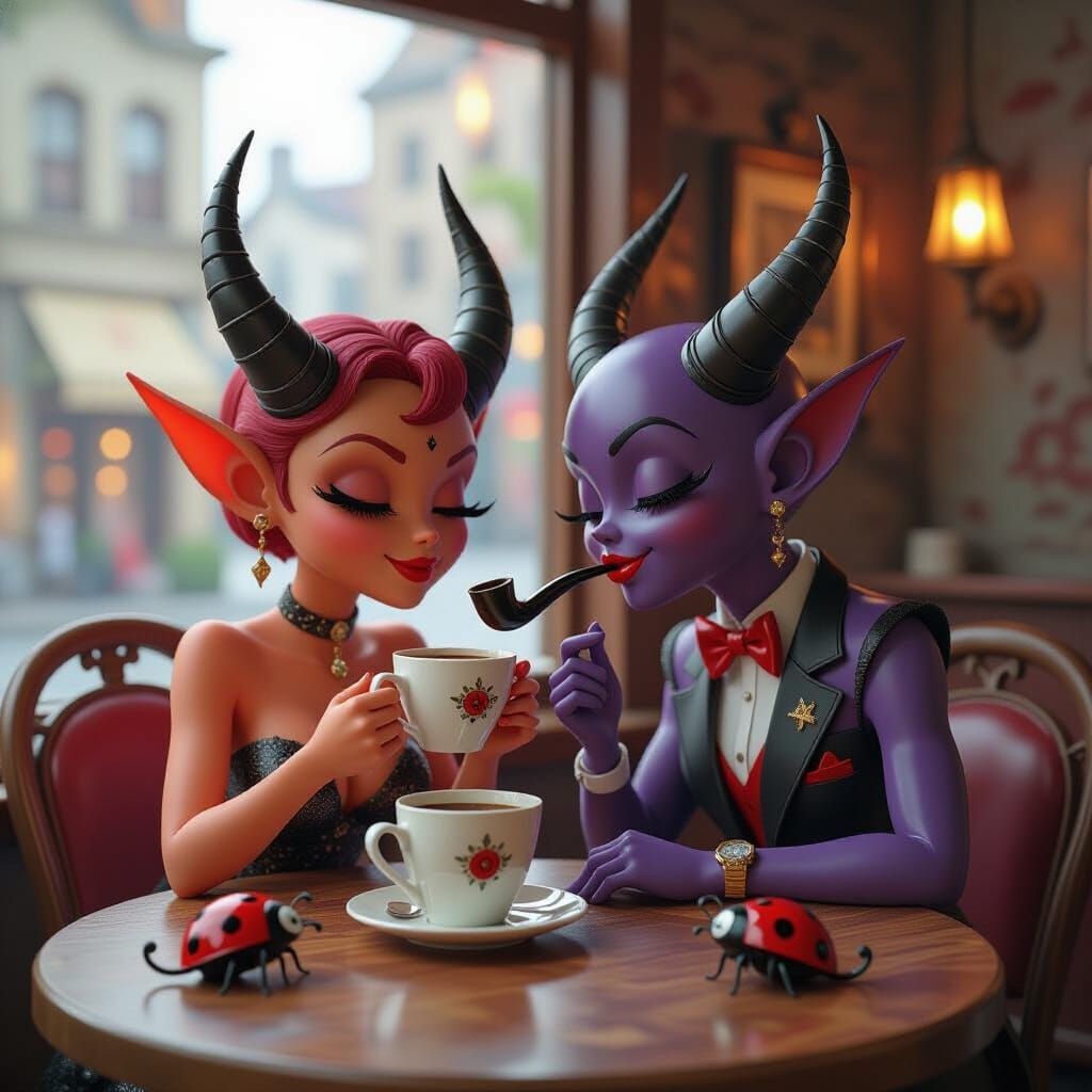 Cartoon Devil Drinks Coffee in Cafe with Ladybirds and Giant...