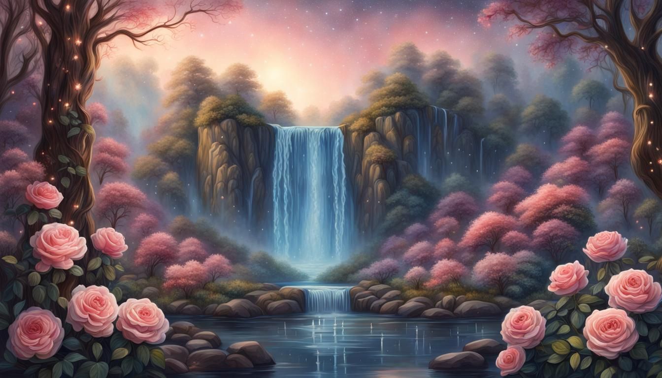 Waterfall in Rose Forest: Detailed Watercolor Painting