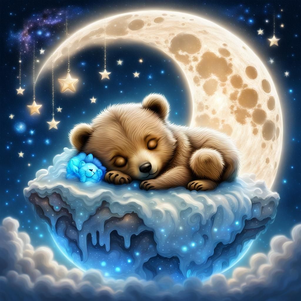 Chibi Baby Bear Asleep on Bioluminescent Moon