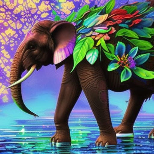 Elephant and Bioluminescent Blossom in Watercolor Ukiyo Styl...