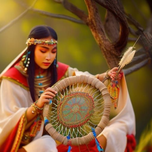 Native American Women Crafting Dreamcatcher in Detailed Digi...