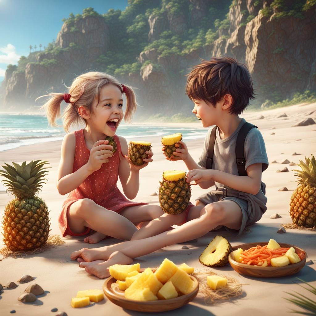 Children Enjoying Pineapple and Kimchi on Beach