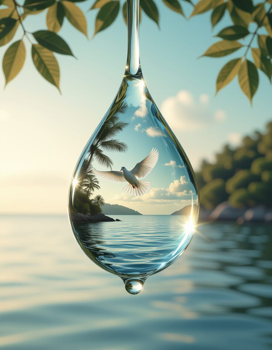Raindrop Double Exposure: Sea, Dove, and Tree Branch